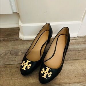 Tory Burch Black Wedges with Gold Logo